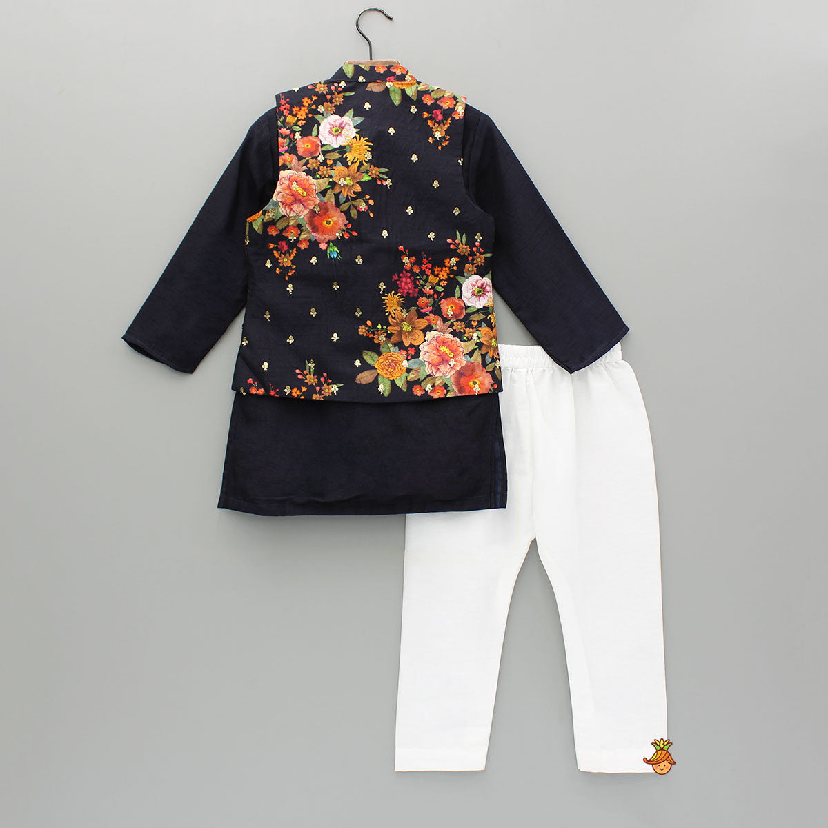 Black Kurta And Floral Printed Embroidered Jacket With Pyjama