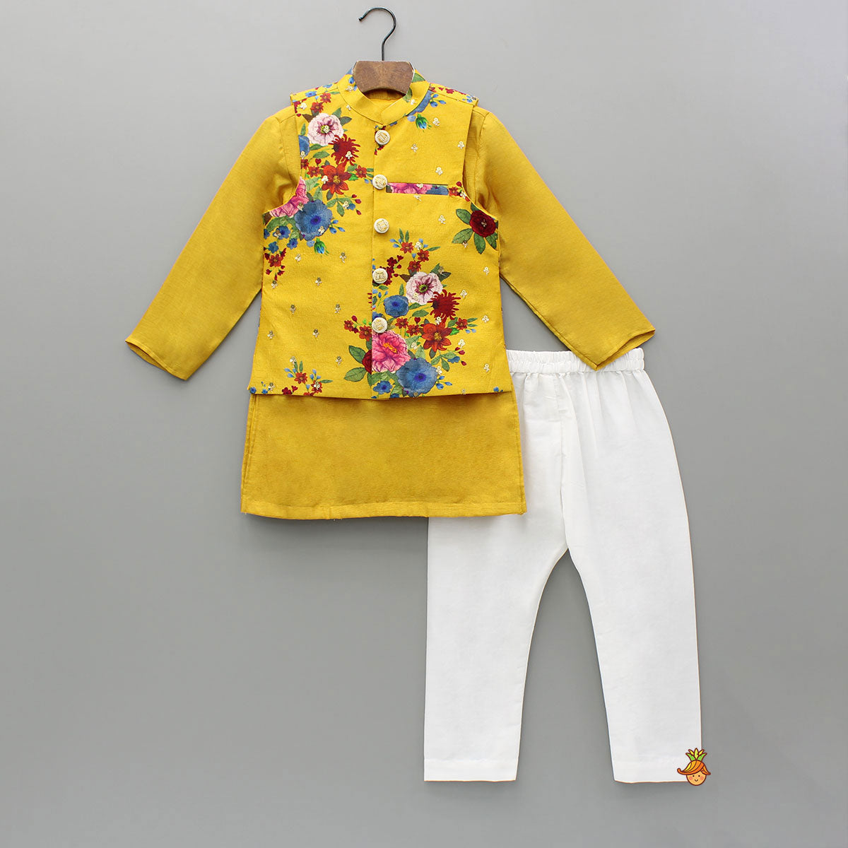 Yellow Kurta And Floral Printed Embroidered Jacket With Pyjama