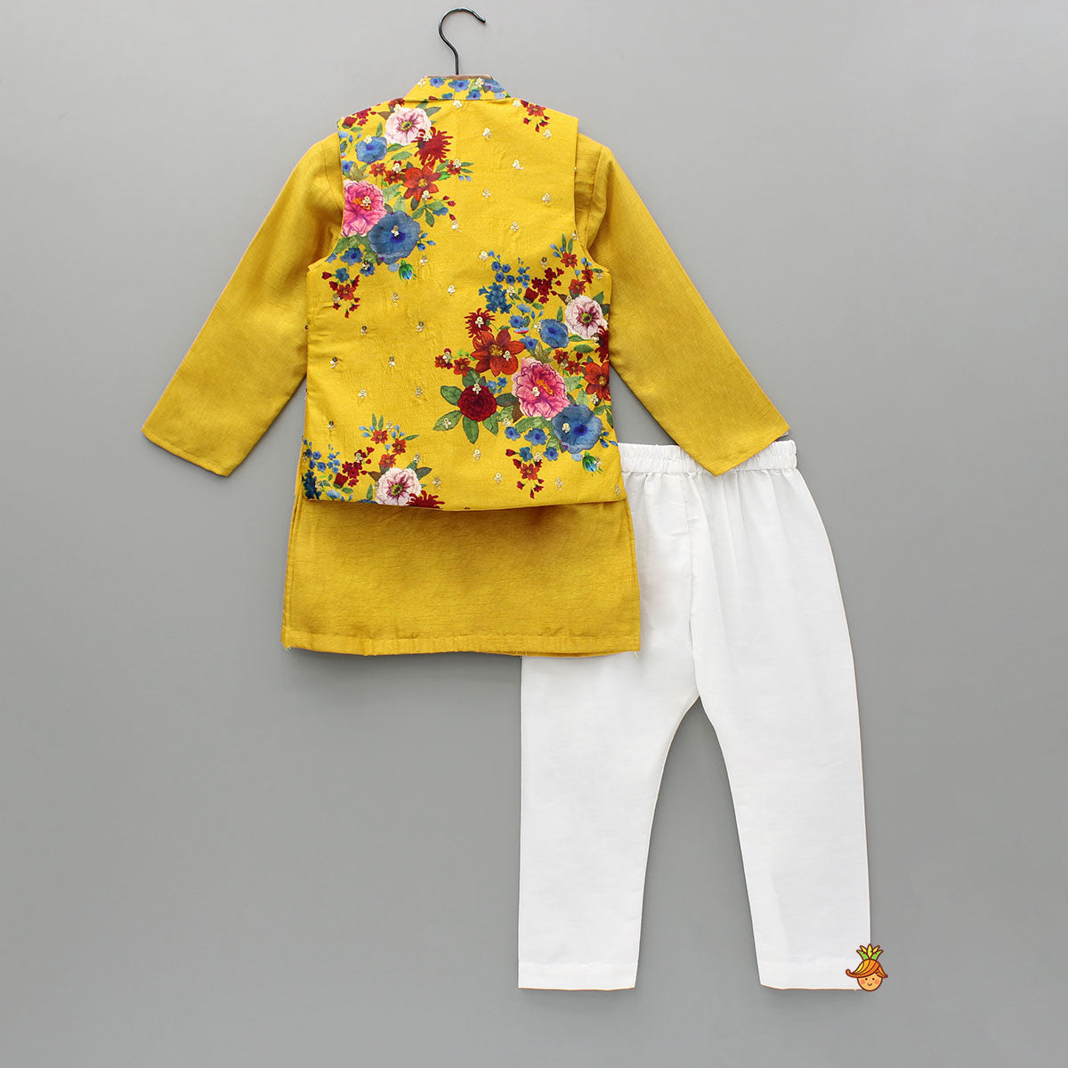 Yellow Kurta And Floral Printed Embroidered Jacket With Pyjama