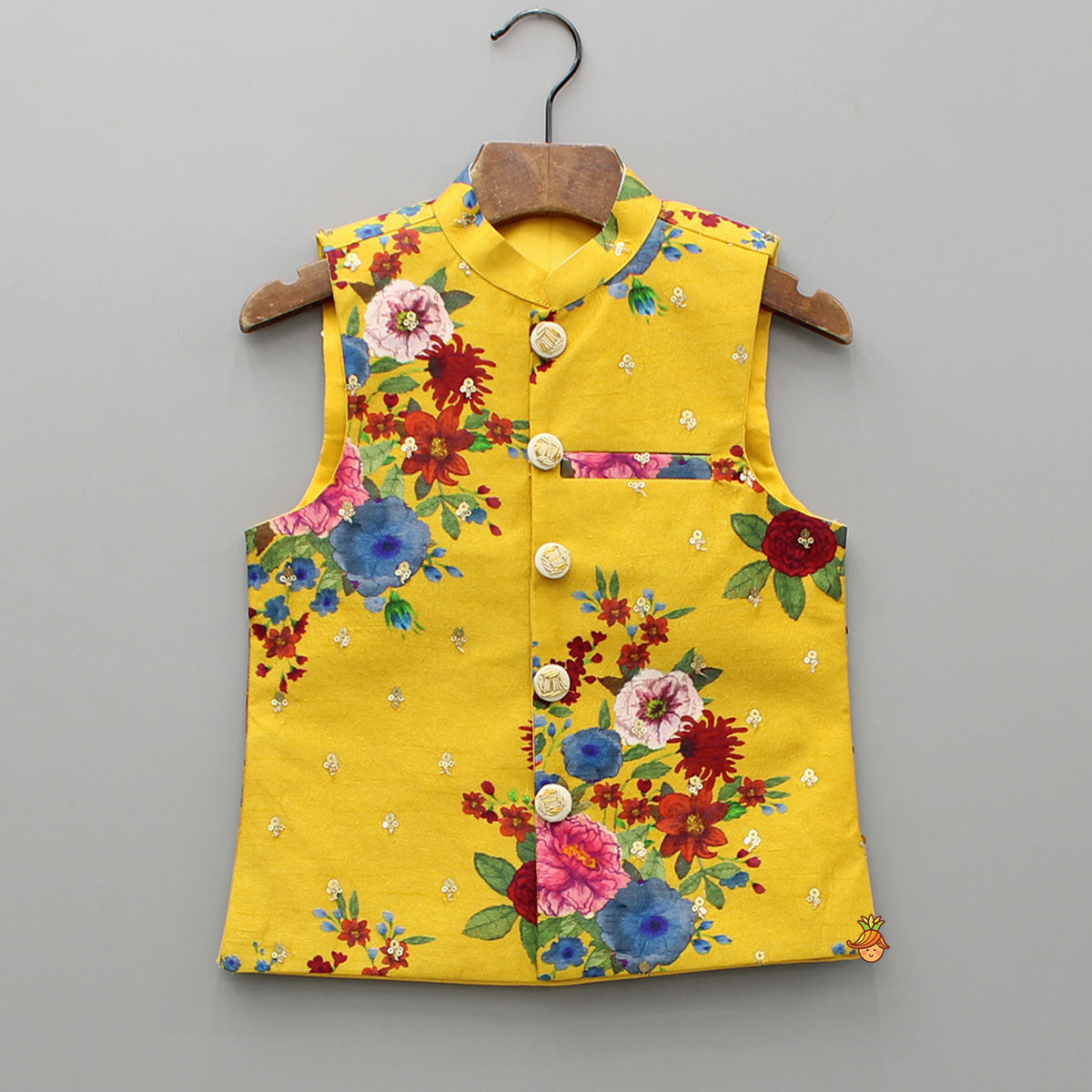 Yellow Kurta And Floral Printed Embroidered Jacket With Pyjama