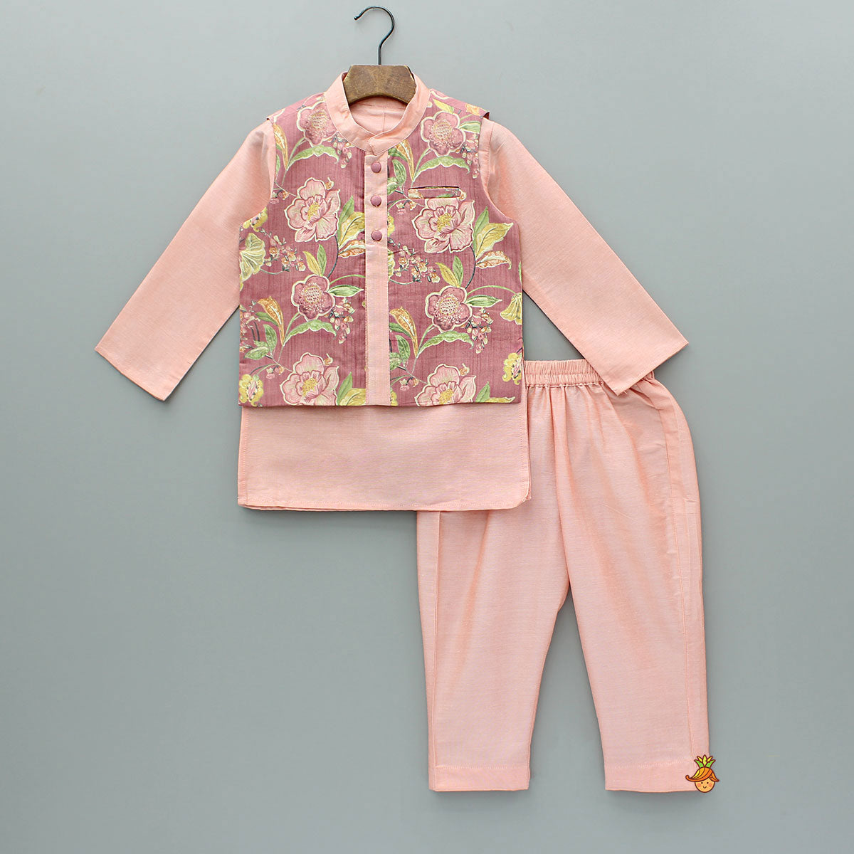 Peach Kurta And Printed Jacket With Pyjama