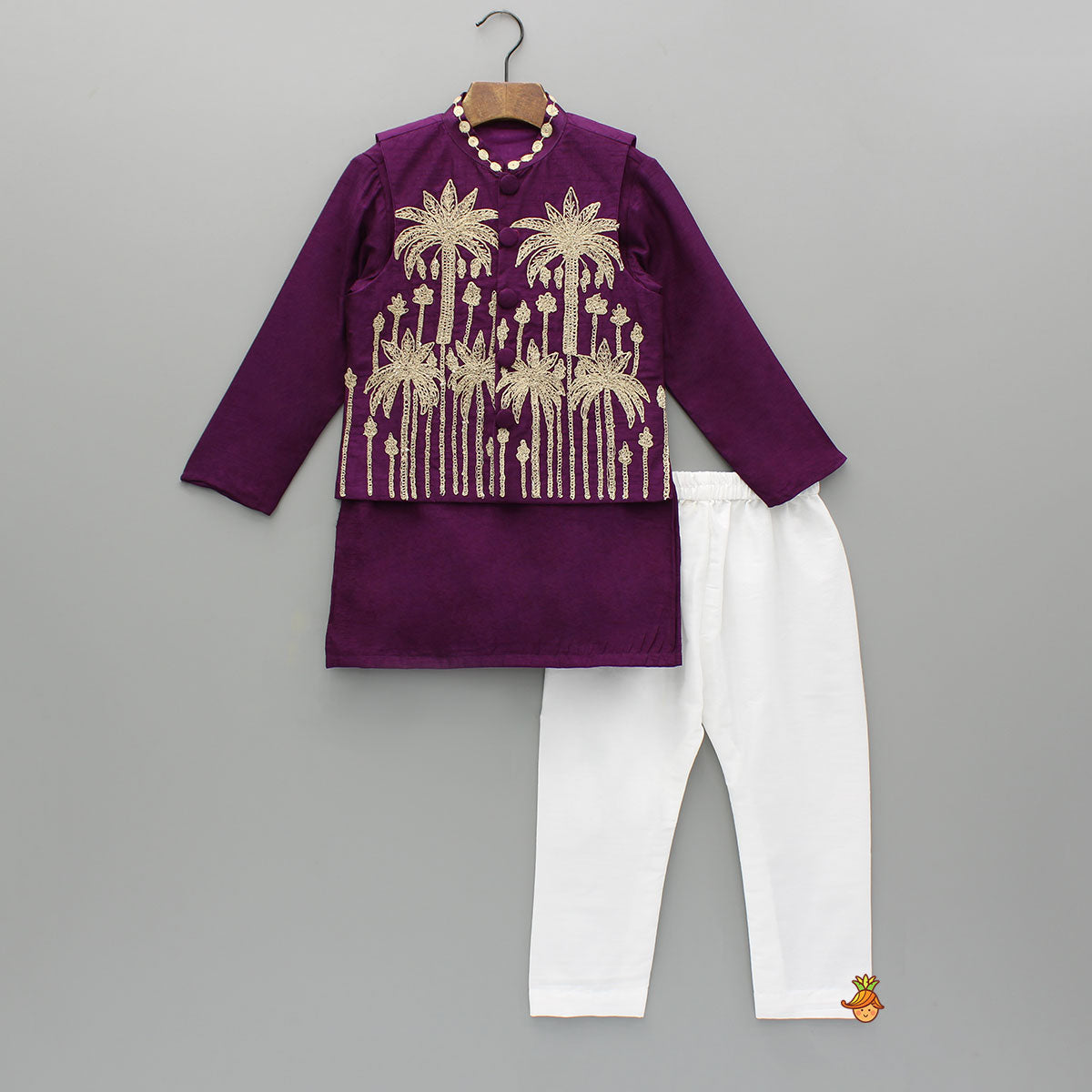 Purple Kurta With Embroidered Jacket And Pyjama