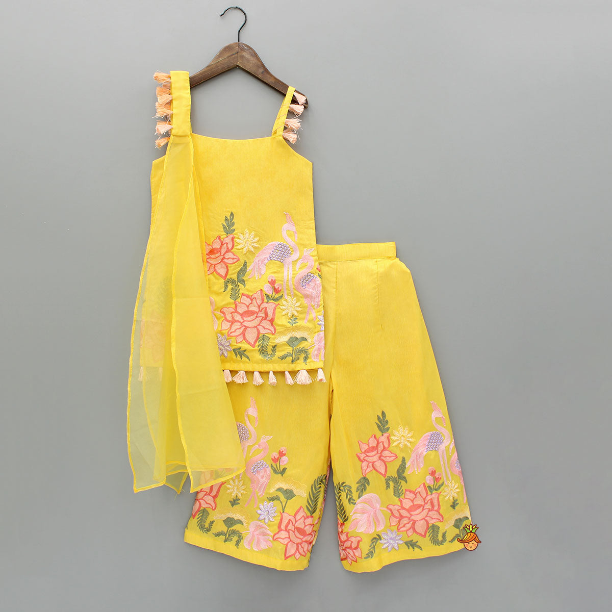 Yellow Embroidered Strappy Kurti And Flared Palazzo With Dupatta