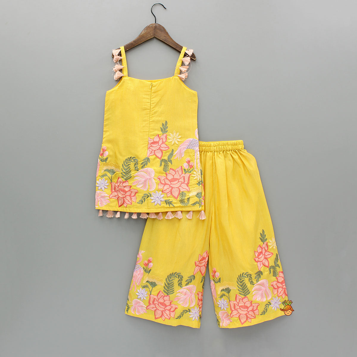 Yellow Embroidered Strappy Kurti And Flared Palazzo With Dupatta