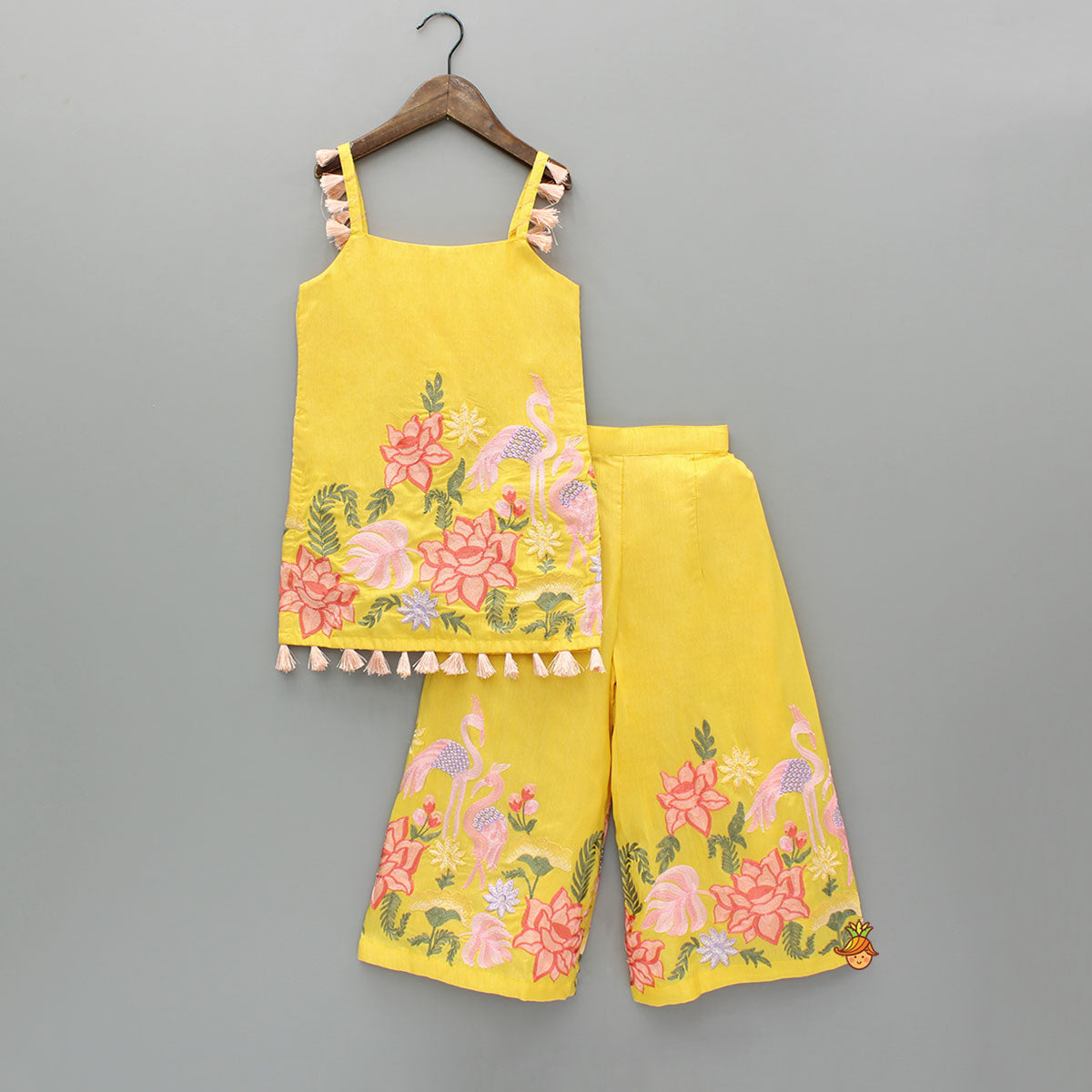 Yellow Embroidered Strappy Kurti And Flared Palazzo With Dupatta