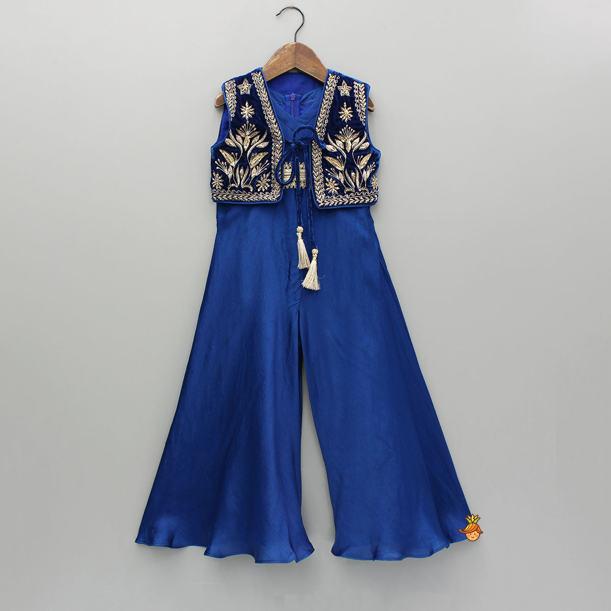 Blue Jumpsuit With Velvet Embroidered Jacket