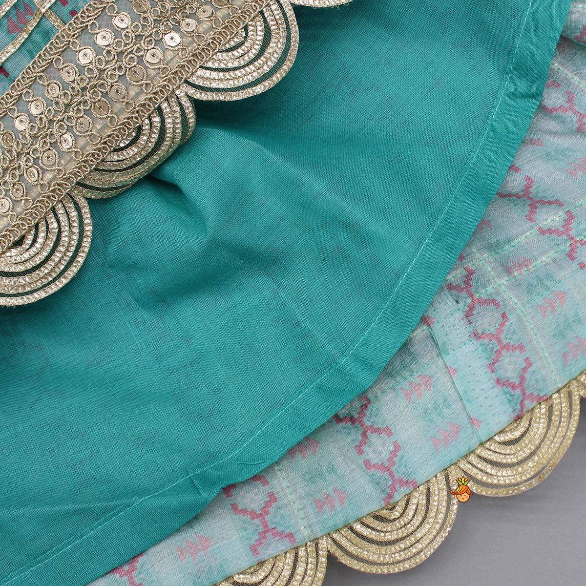 Green Chanderi Gota Lace Work Top And Lehenga With Matching Hairband