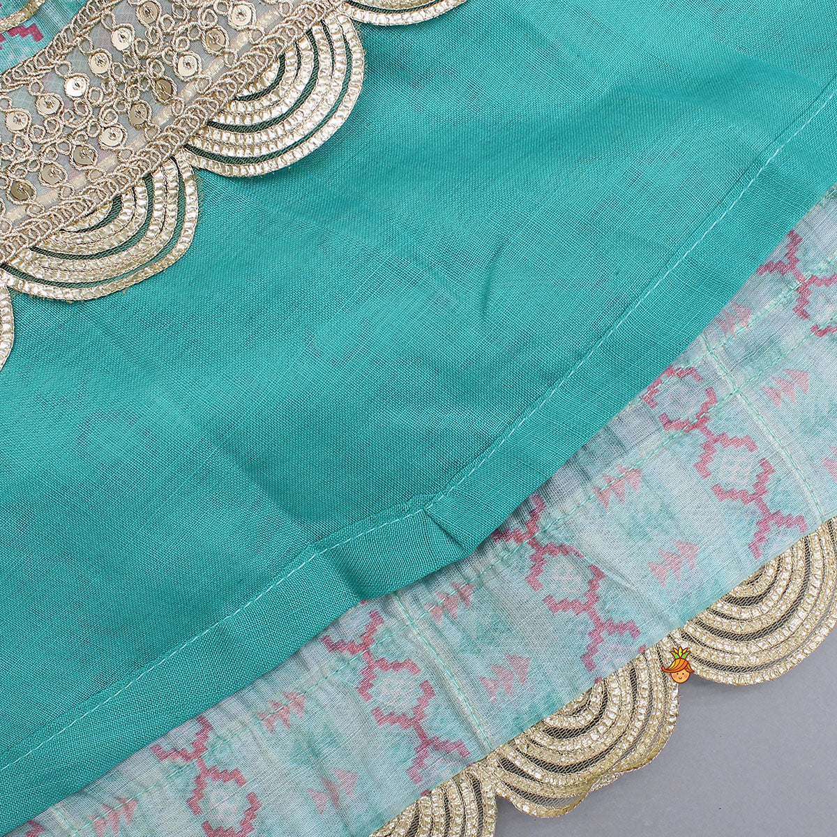 Green Chanderi Gota Lace Work Top And Lehenga With Matching Hairband