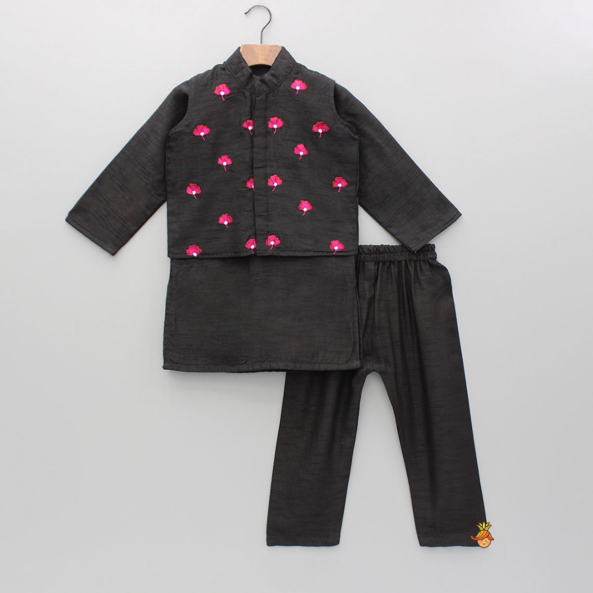 Black Kurta With Embroidered Jacket And Pyjama