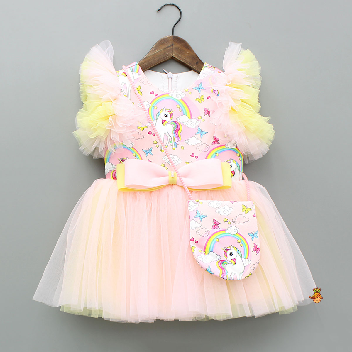 Unicorn Printed Dual Tone Frilly Dress With Matching Sling Bag