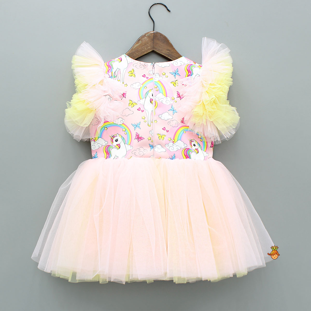 Unicorn Printed Dual Tone Frilly Dress With Matching Sling Bag