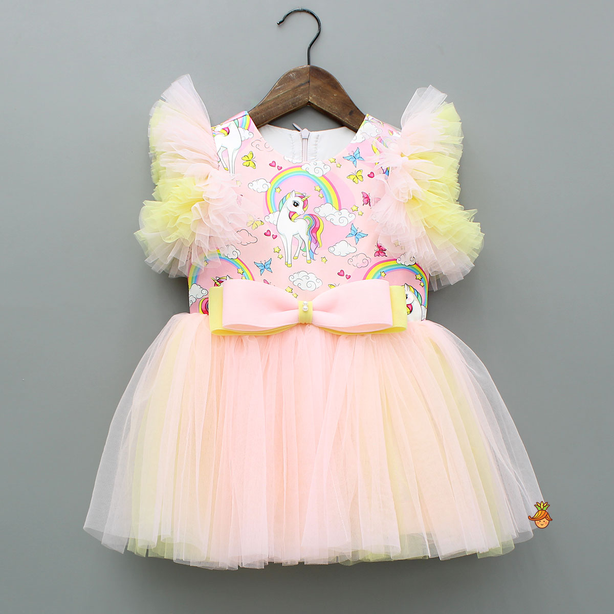 Unicorn Printed Dual Tone Frilly Dress With Matching Sling Bag