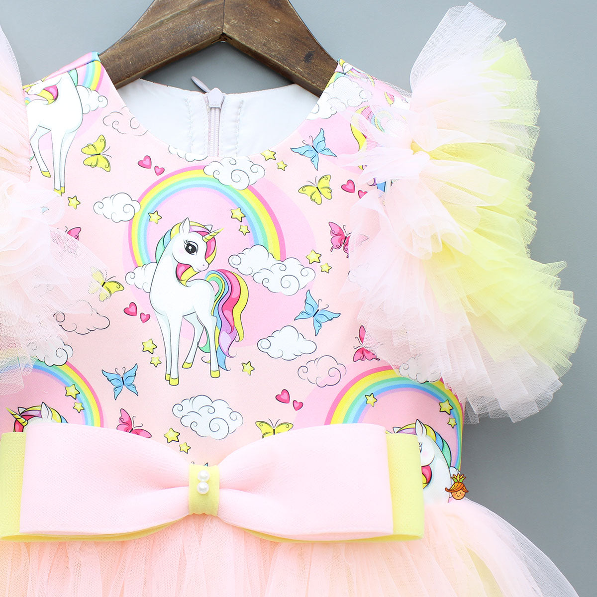 Unicorn Printed Dual Tone Frilly Dress With Matching Sling Bag