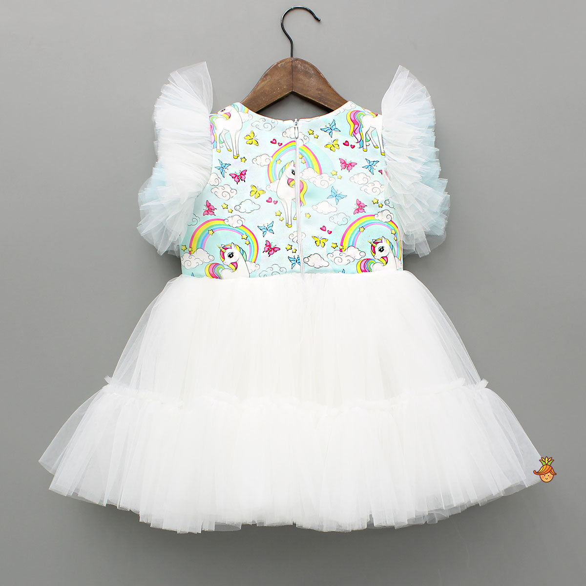 Blue Unicorn Printed White Frilly Dress With Matching Sling Bag