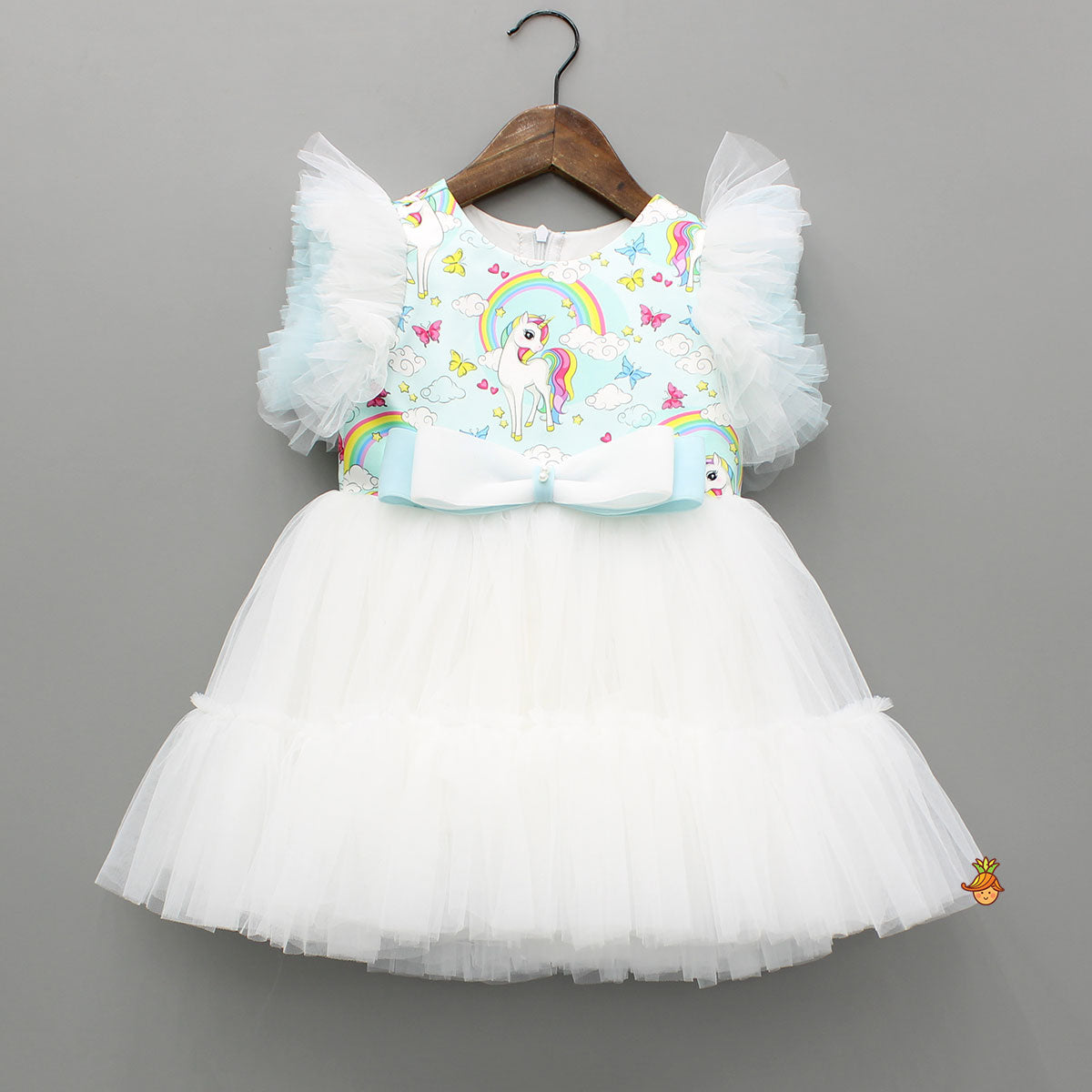 Blue Unicorn Printed White Frilly Dress With Matching Sling Bag