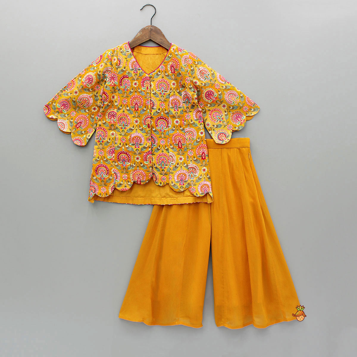 Mustard Printed Embroidered Kurti And Flared Palazzo