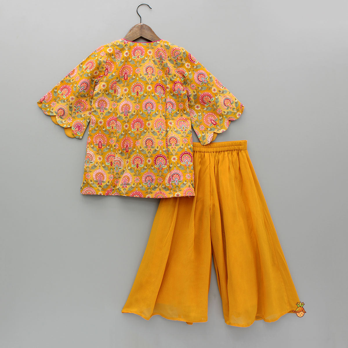 Mustard Printed Embroidered Kurti And Flared Palazzo