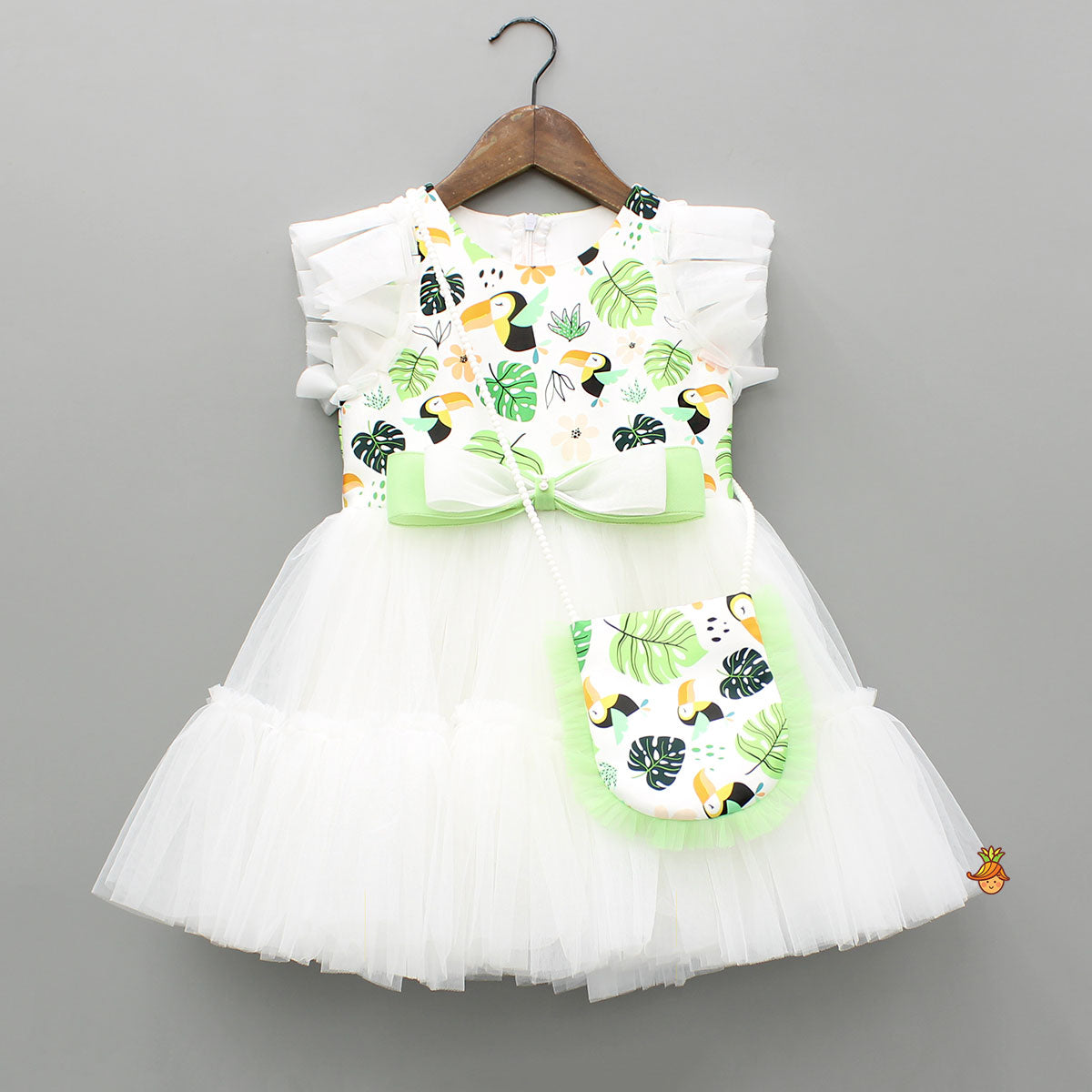 Bird Printed White Frilly Dress With Matching Sling Bag