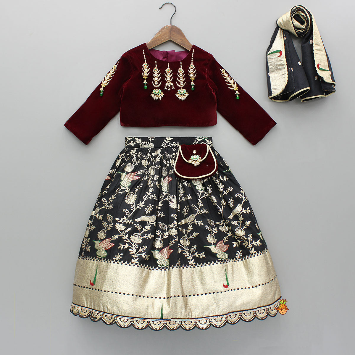 Velvet Embroidered Embellished Top With Lehenga And Dupatta