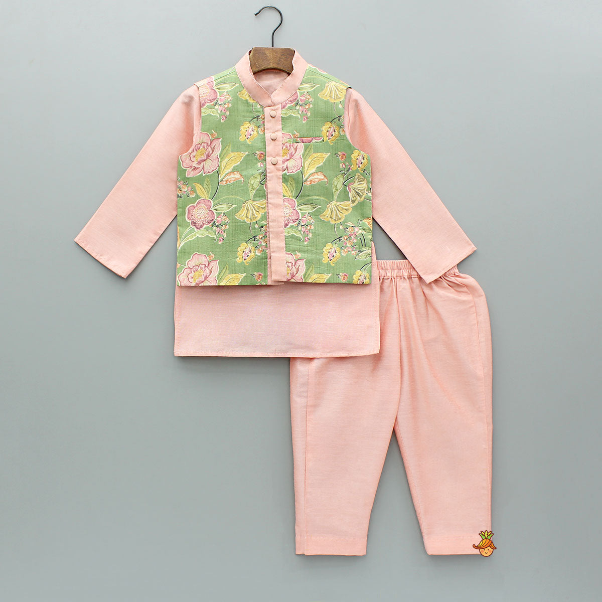 Peach Kurta And Green Floral Multicolour Printed Jacket With Pyjama