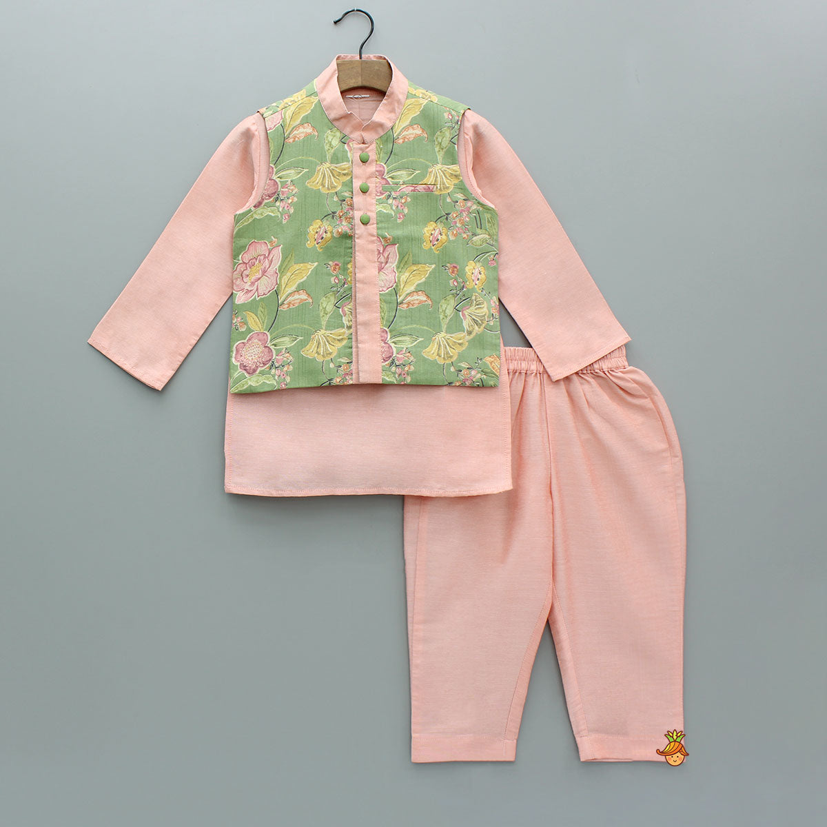 Peach Kurta And Green Floral Multicolour Printed Jacket With Pyjama