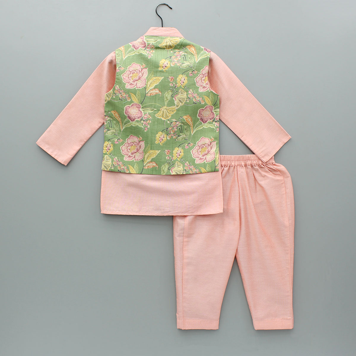 Peach Kurta And Green Floral Multicolour Printed Jacket With Pyjama