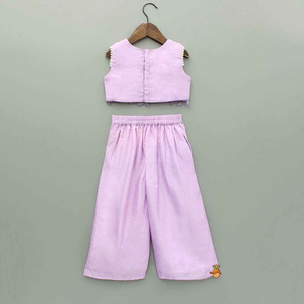 Lavender Embroidered Top And Pleated Palazzo With Matching Bow Hair Clip