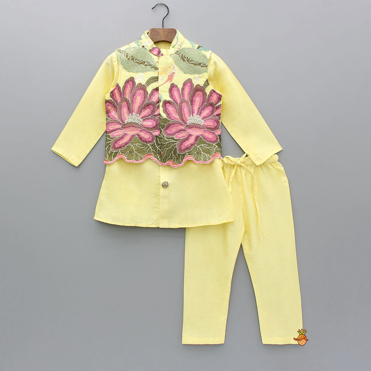 Yellow Kurta And Floral Embroidered Jacket With Pyjama