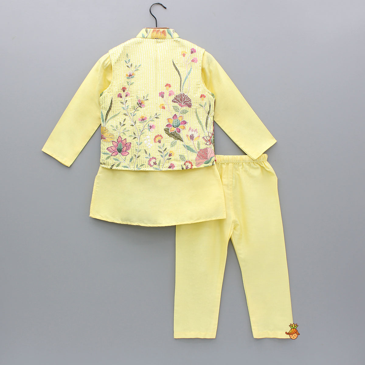 Yellow Kurta And Floral Embroidered Jacket With Pyjama