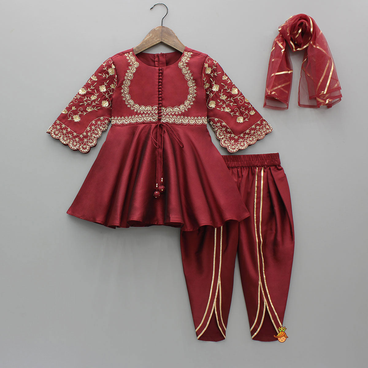 Maroon Embroidered Kurti And Tulip Dhoti