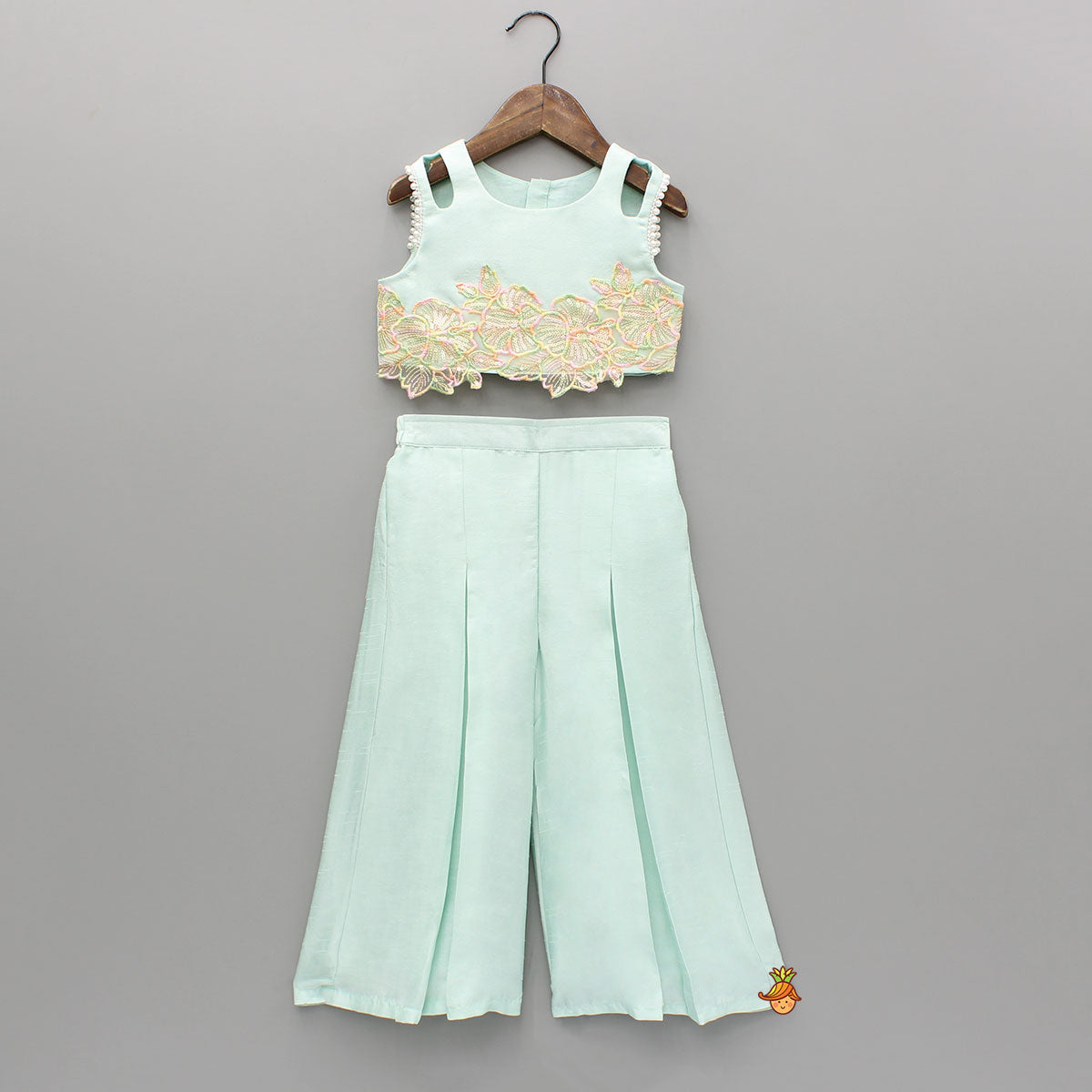 Embroidered Green Top And Pleated Palazzo With Matching Bow Hair Clip