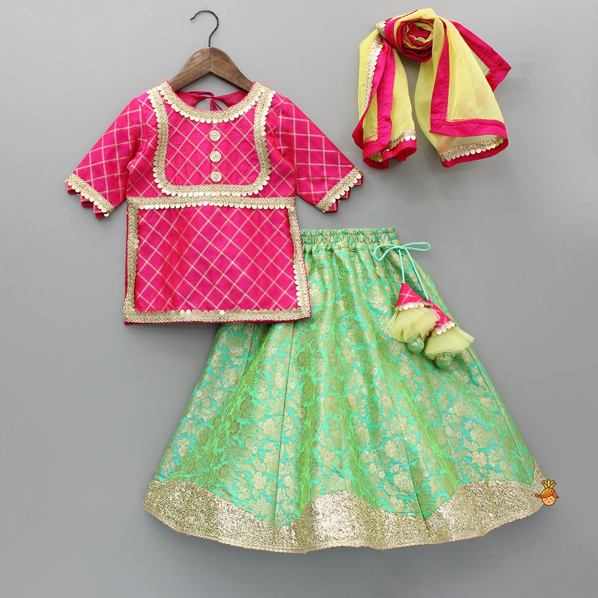 Pink Lace And Sequin Work Kurti With Lehenga And Dupatta