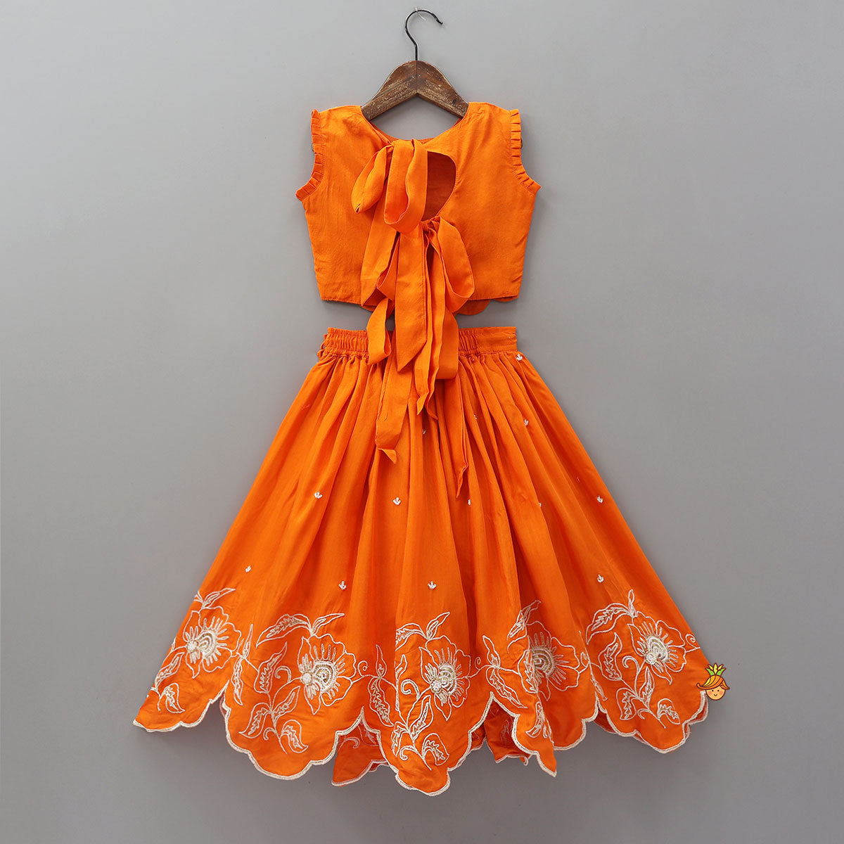 Orange Embroidered Dual Back Knot Detailed  Top And Lehenga With Scalloped Hem Detailing