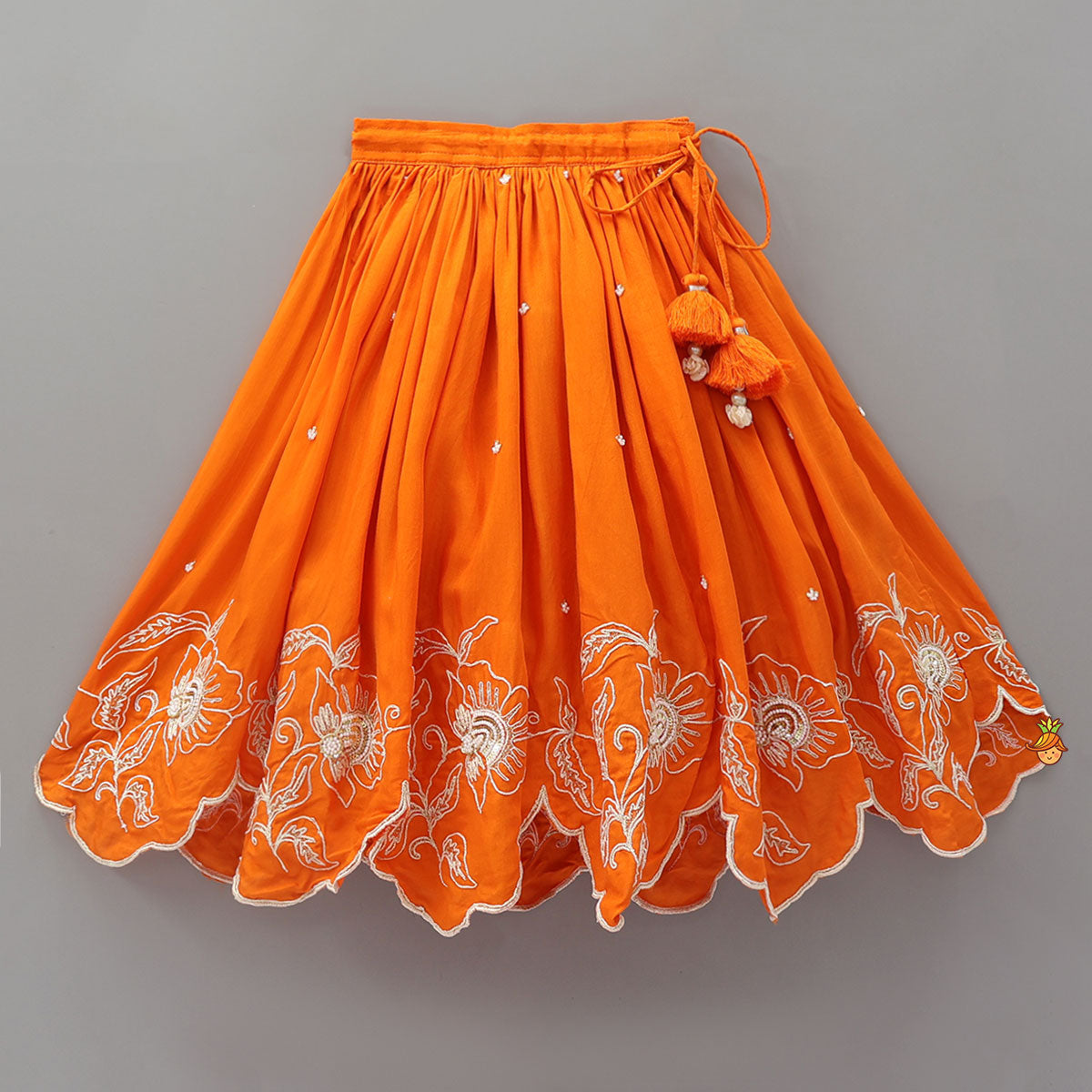 Orange Embroidered Dual Back Knot Detailed  Top And Lehenga With Scalloped Hem Detailing