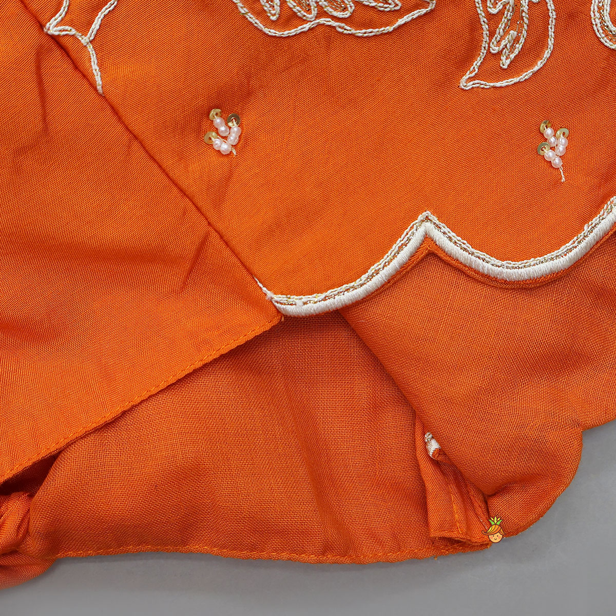 Orange Embroidered Dual Back Knot Detailed  Top And Lehenga With Scalloped Hem Detailing