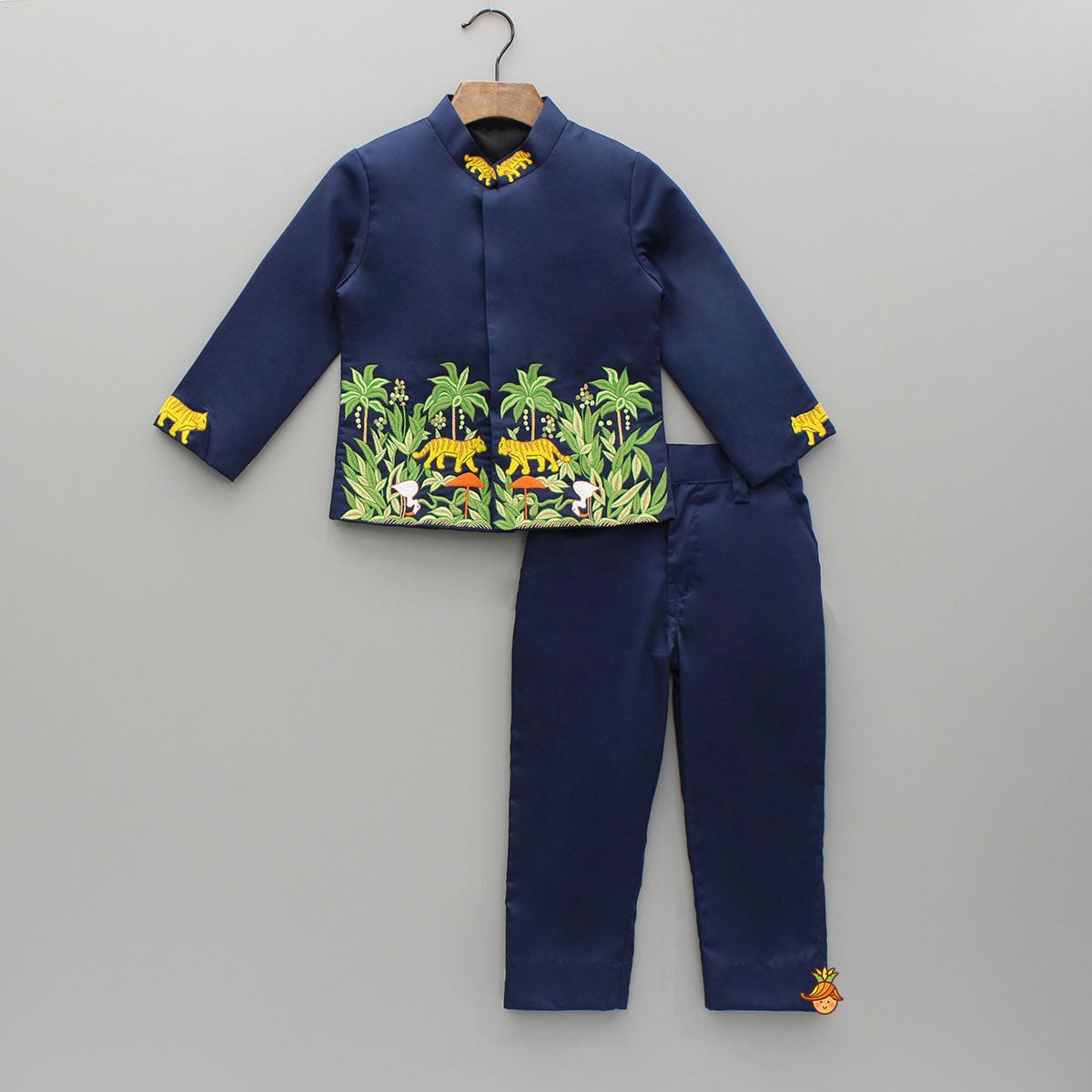 Jungle Theme Embroidered Blue Sherwani With Pant