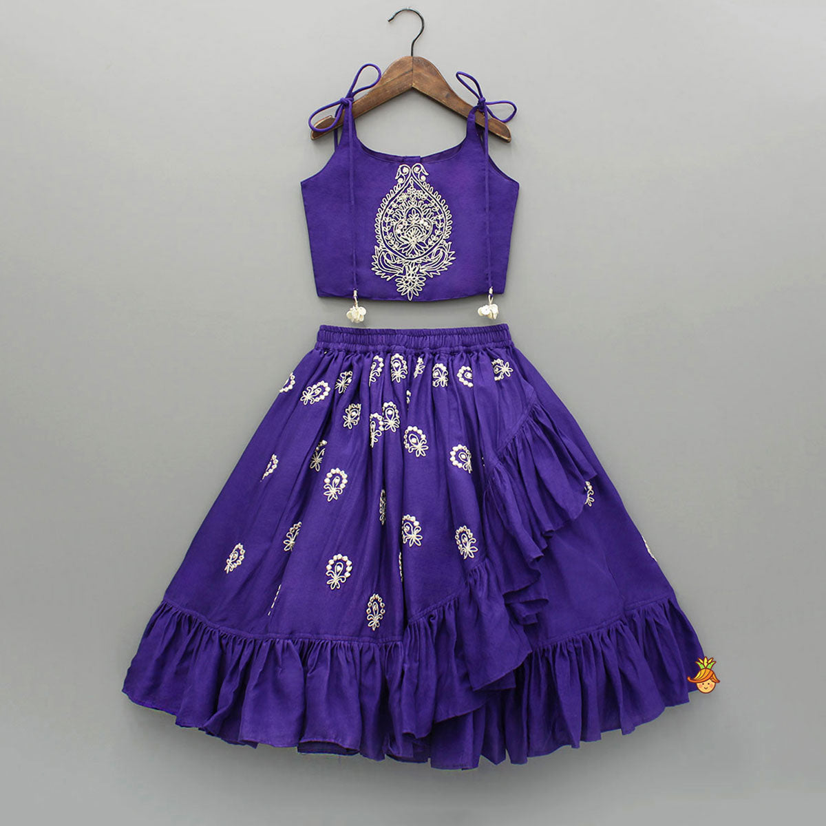 Dori Embroidered Purple Strappy Top And Stylish Layered Lehenga