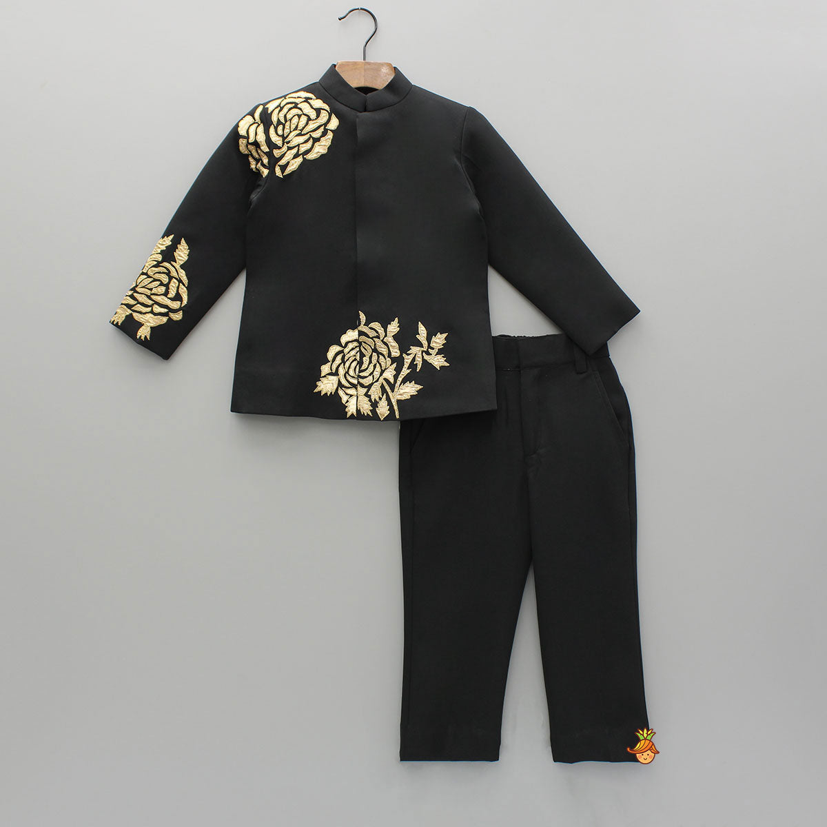 Black Embroidered Applique Work Sherwani And Pant