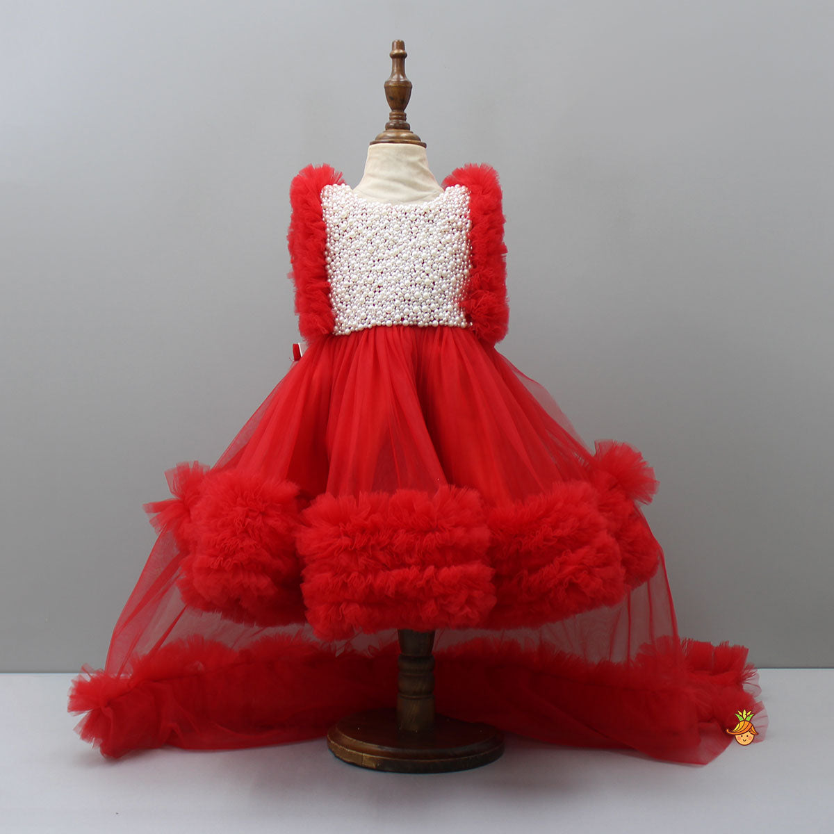 Embroidered Yoke Red Dress With Detachable Trial And Bow With Matching Swirled Bowie Headband