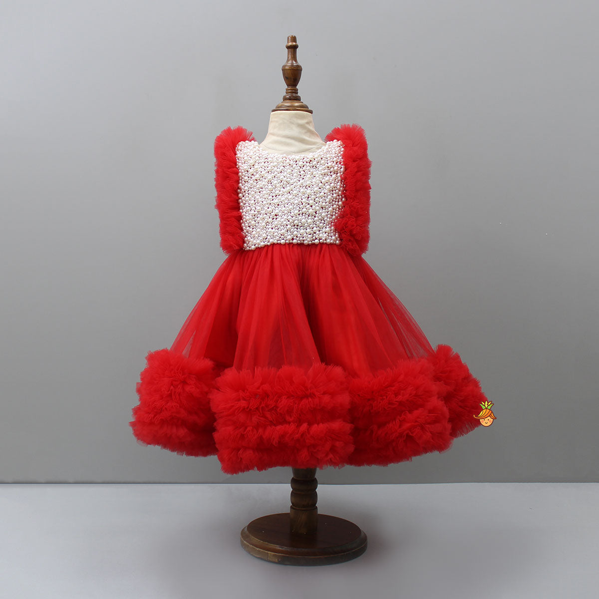 Embroidered Yoke Red Dress With Detachable Trial And Bow With Matching Swirled Bowie Headband