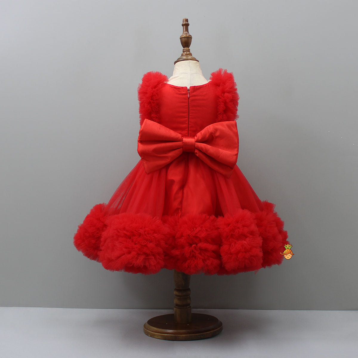 Embroidered Yoke Red Dress With Detachable Trial And Bow With Matching Swirled Bowie Headband