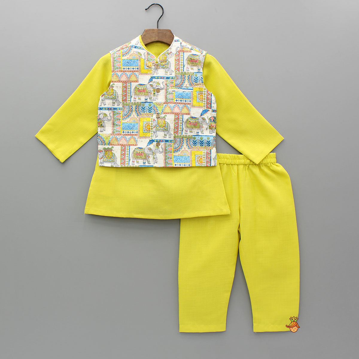 Yellow Kurta With Printed Embroidered Jacket And Pyjama