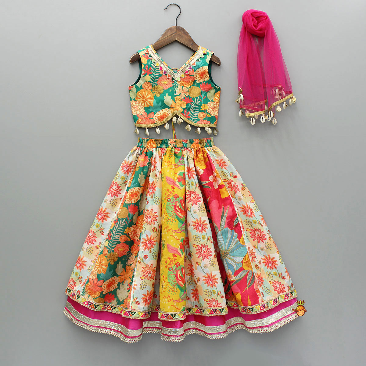 Multicolour Printed Top And Layered Lehenga With Dupatta