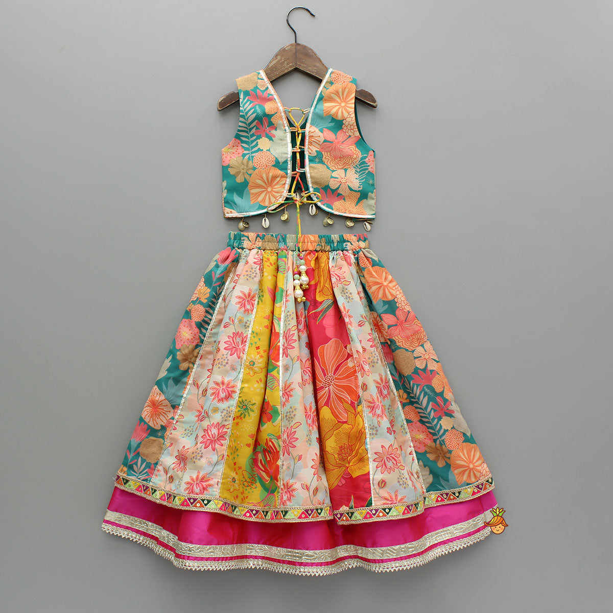 Multicolour Printed Top And Layered Lehenga With Dupatta
