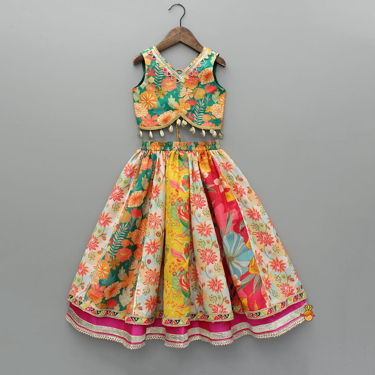 Multicolour Printed Top And Layered Lehenga With Dupatta