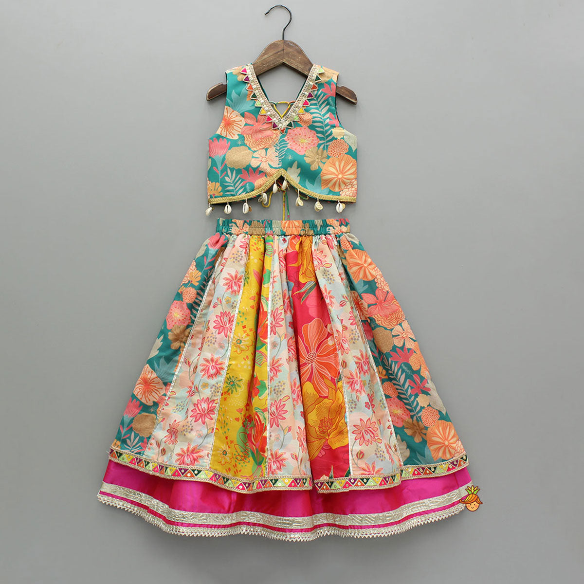 Multicolour Printed Top And Layered Lehenga With Dupatta