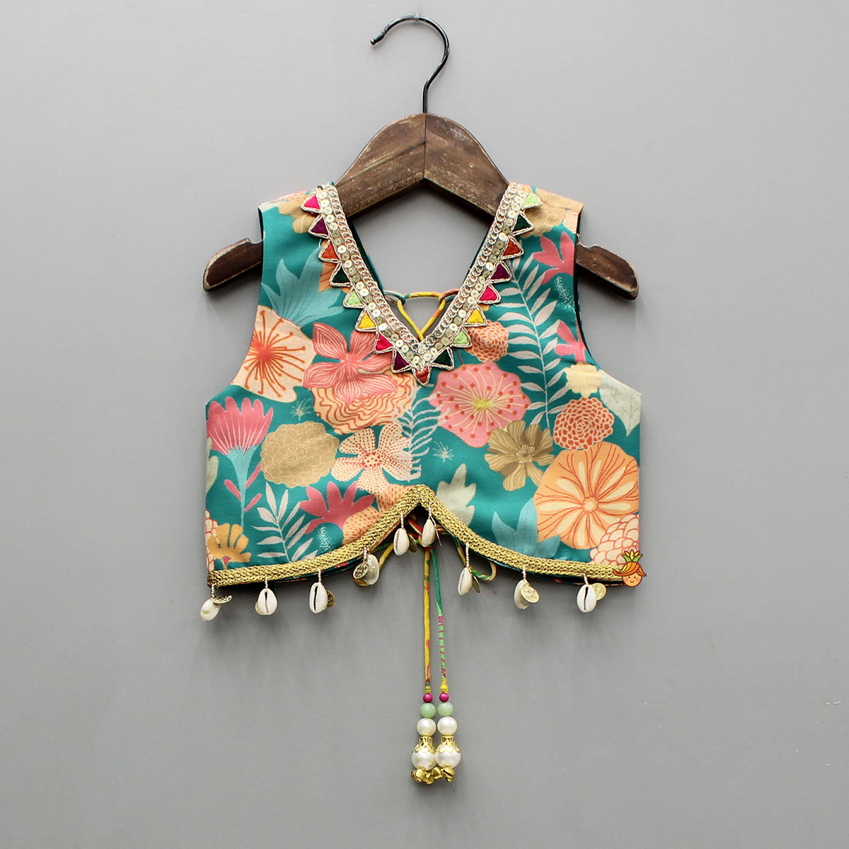 Multicolour Printed Top And Layered Lehenga With Dupatta