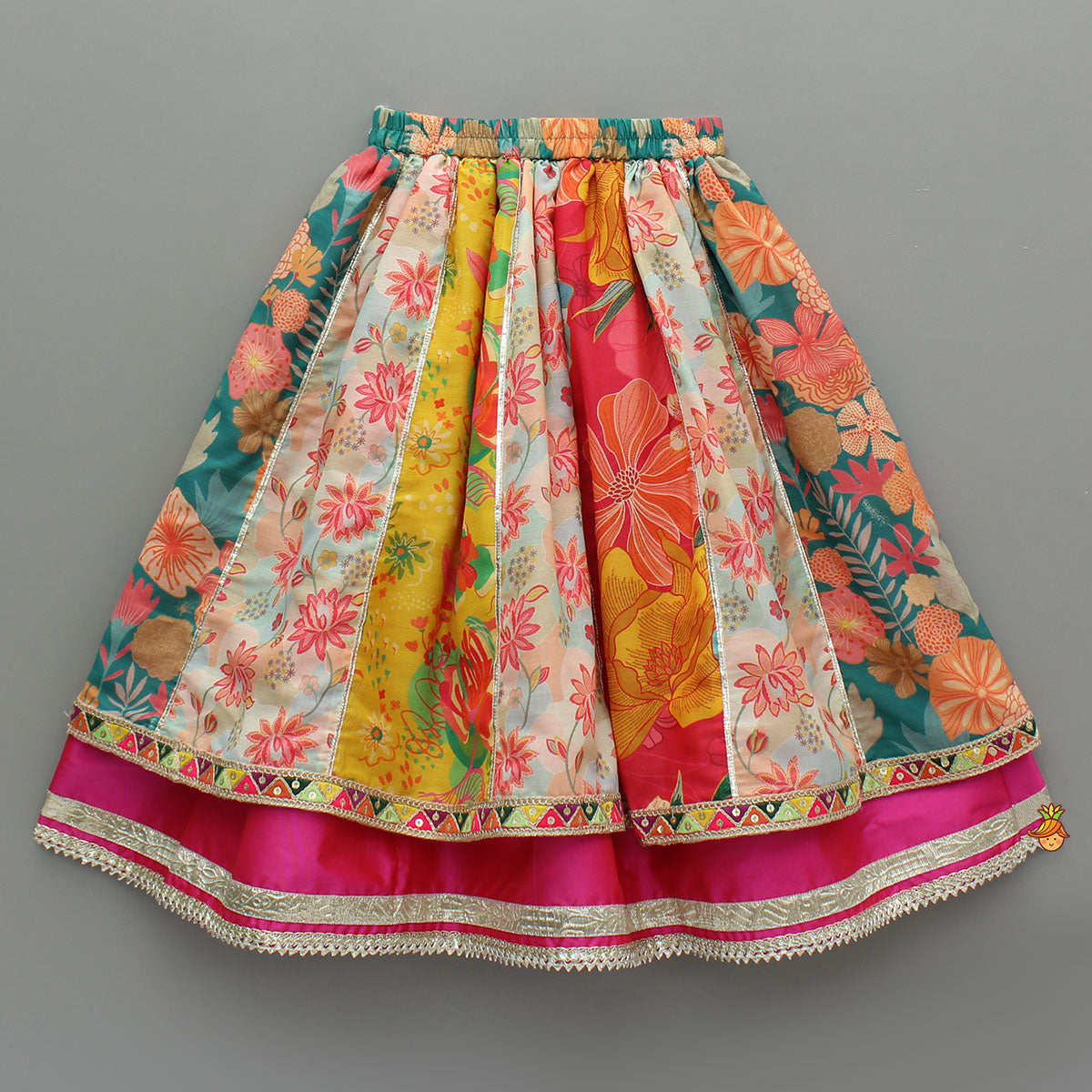 Multicolour Printed Top And Layered Lehenga With Dupatta