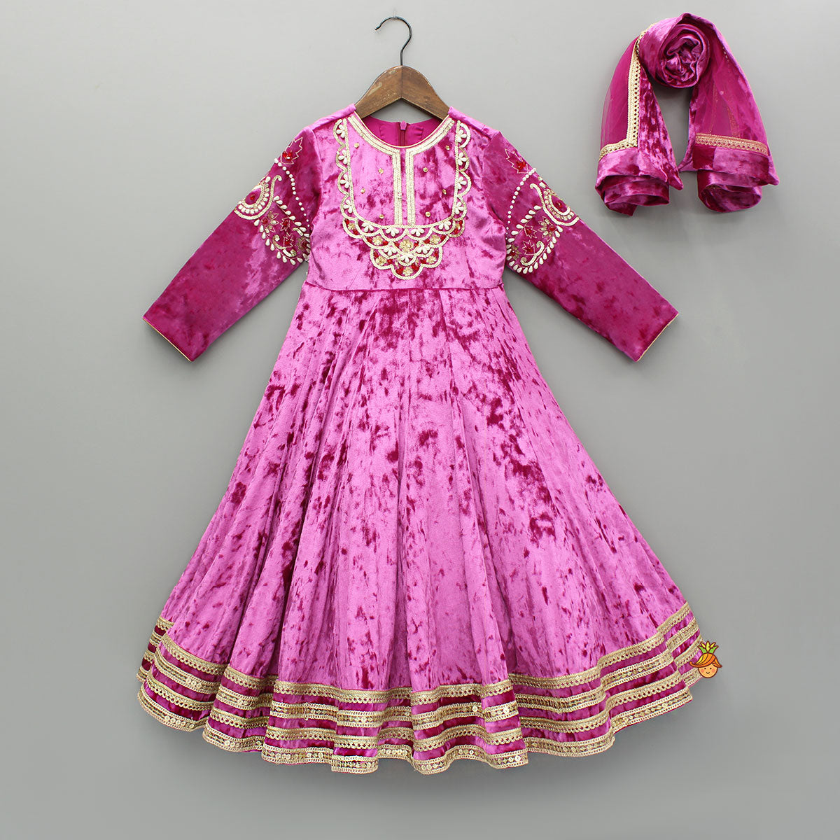 Pink Velvet Embroidered And Embellished Anarkali With Dupatta