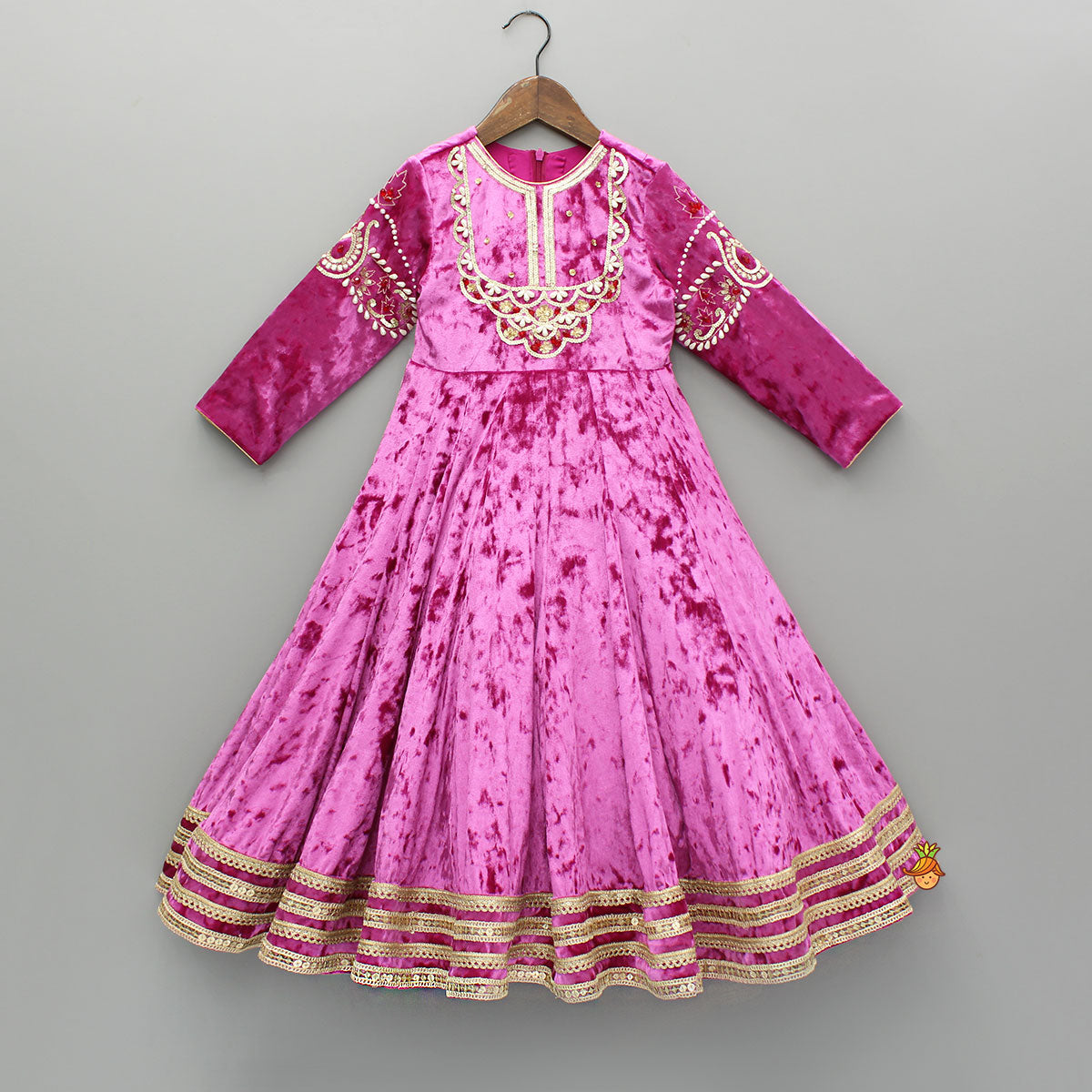 Pink Velvet Embroidered And Embellished Anarkali With Dupatta